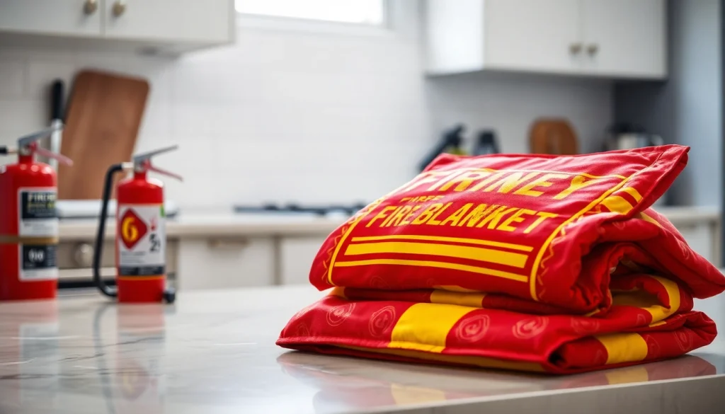 Fire blanket showcased in a kitchen setting emphasizing its safety features and red color scheme.