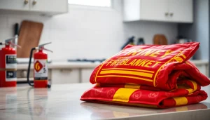 Fire blanket showcased in a kitchen setting emphasizing its safety features and red color scheme.