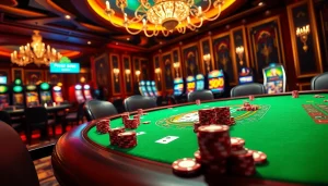 Engage with thrilling gameplay at 8kbet's luxurious online casino, featuring vibrant poker tables and colorful chips.