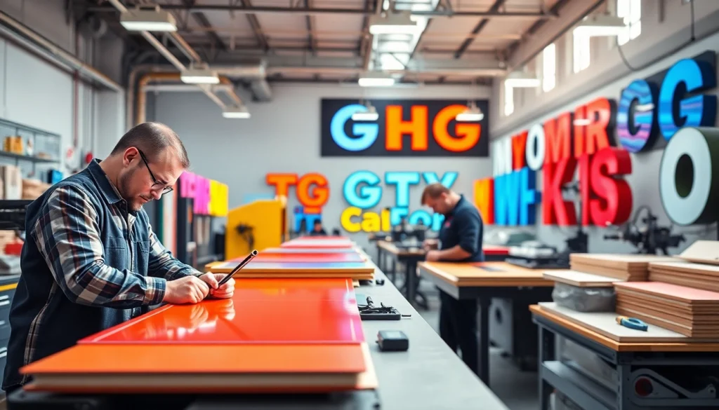 Craftsmen at work creating vibrant signs for pm signs corporation in a modern workshop.