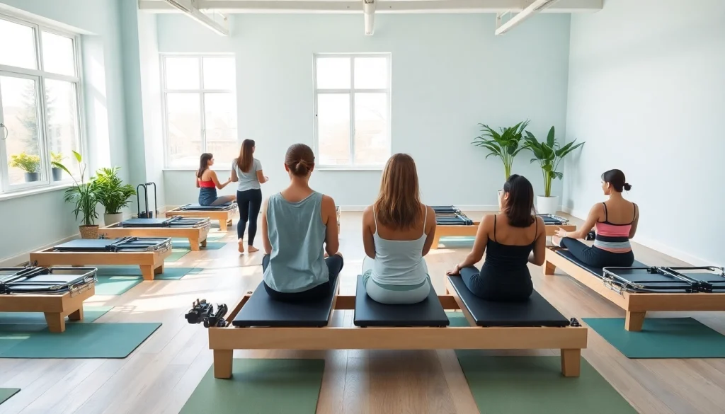 初心者がクラスに参加している活気あるピラティススタジオの光景。ピラティス おすすめの要素を強調。