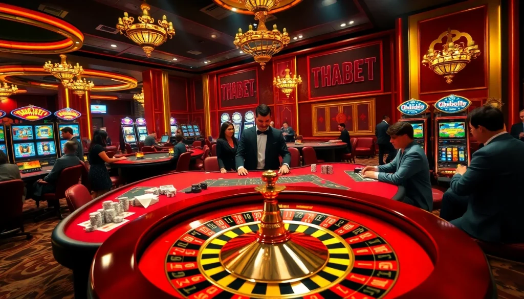 Players engaged in a thrilling game at Thabet casino with luxurious decor and vibrant colors.