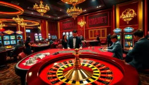 Players engaged in a thrilling game at Thabet casino with luxurious decor and vibrant colors.