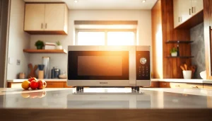 Highlight microwave oven sales with a sleek appliance showcased in a vibrant kitchen setting.