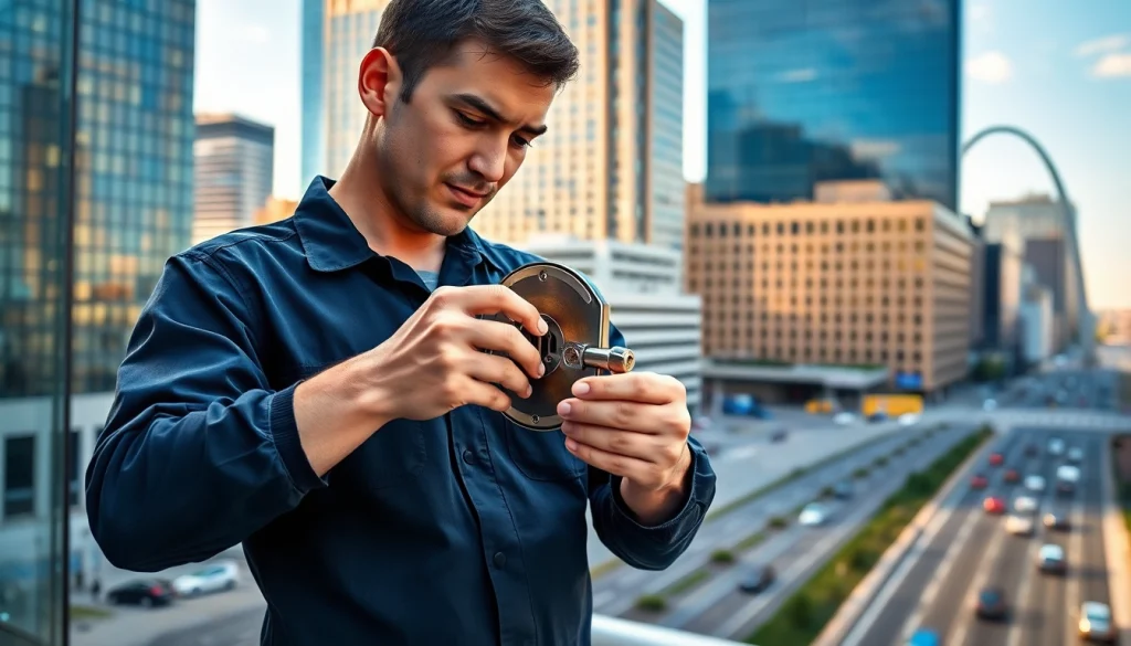 Locksmith near me St. Louis Missouri assisting with lock repairs in a bustling urban environment.