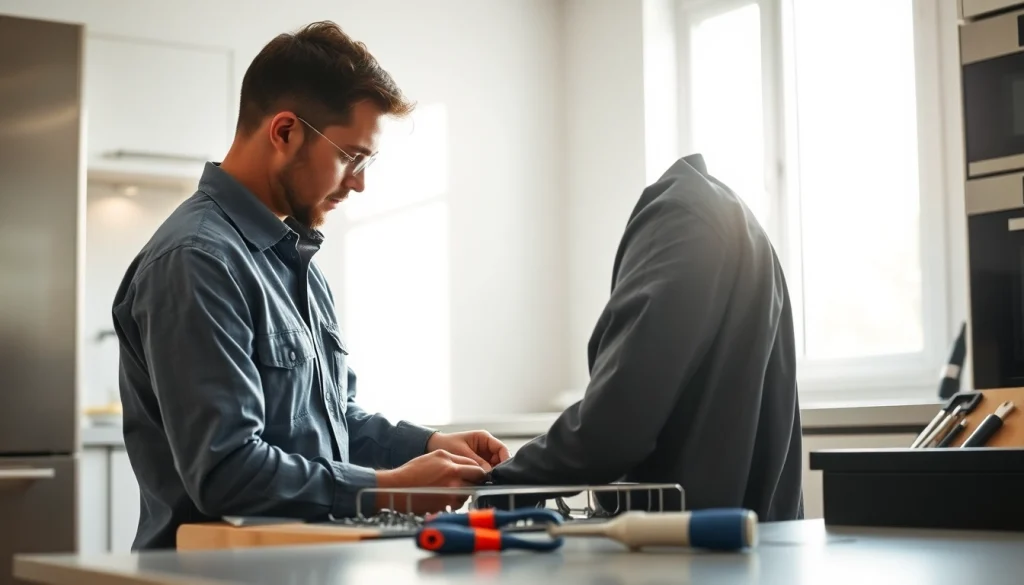 Appliance repair technician inspecting a dishwasher in a bright kitchen setting.