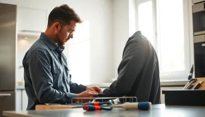 Appliance repair technician inspecting a dishwasher in a bright kitchen setting.