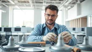 Technician performing lighting service maintenance with tools in modern office space.