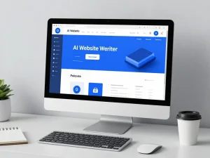 AI website builder interface displayed on a sleek computer in a modern workspace