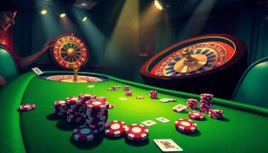 Experience the excitement of CM88 at a luxurious casino poker table with vibrant chips and cards.