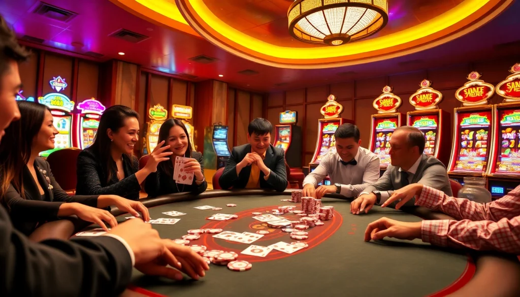 Excited players engaging at a uu88 poker table surrounded by vibrant slot machines