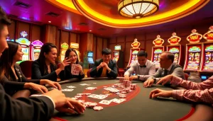 Excited players engaging at a uu88 poker table surrounded by vibrant slot machines