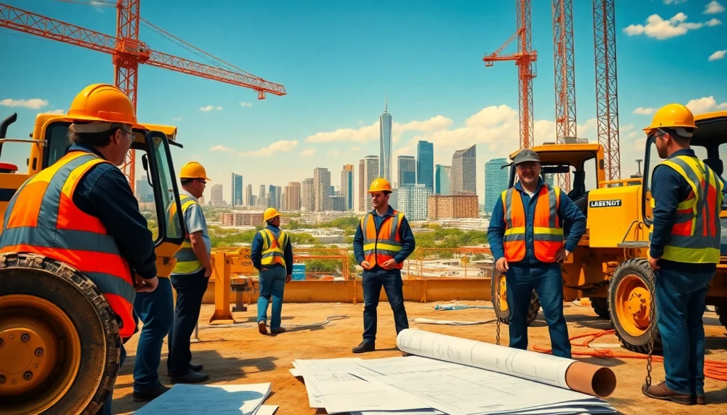 Dynamic Texas construction news scene showing workers and machinery at a vibrant site.