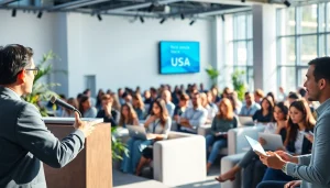 Engaging interaction at a technology conference USA featuring diverse professionals networking and learning.