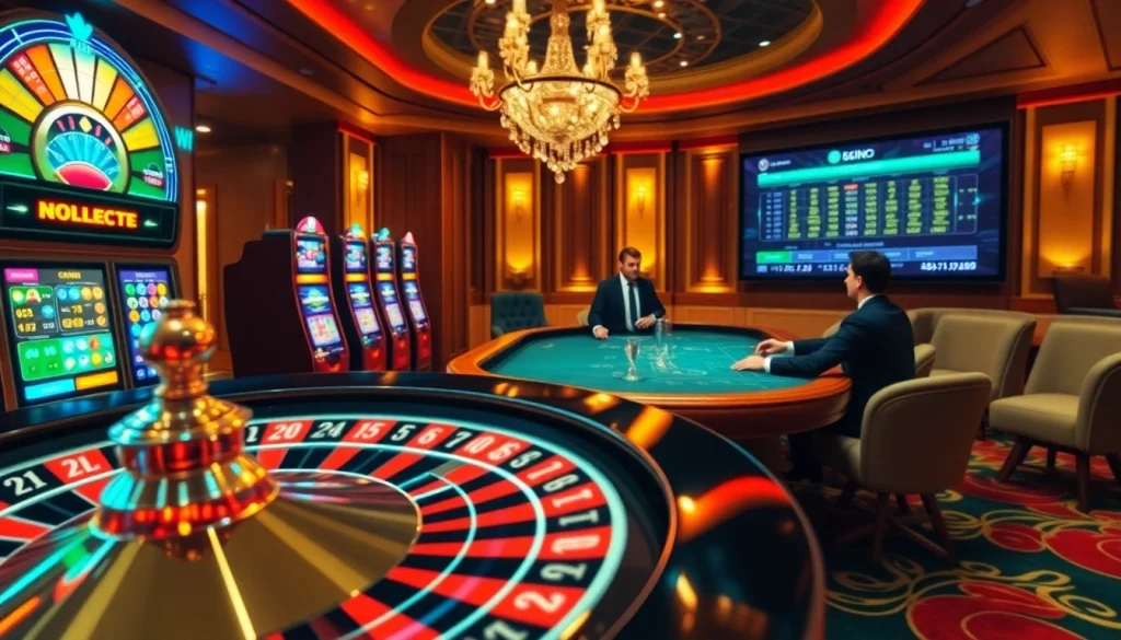 Engage in thrilling casino games at 68VIP with vibrant slot machines and a glamorous poker table.
