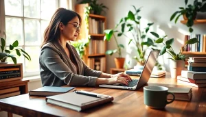 Engaging UK Blog scene featuring a cozy home office setup with a blogger and vibrant elements.