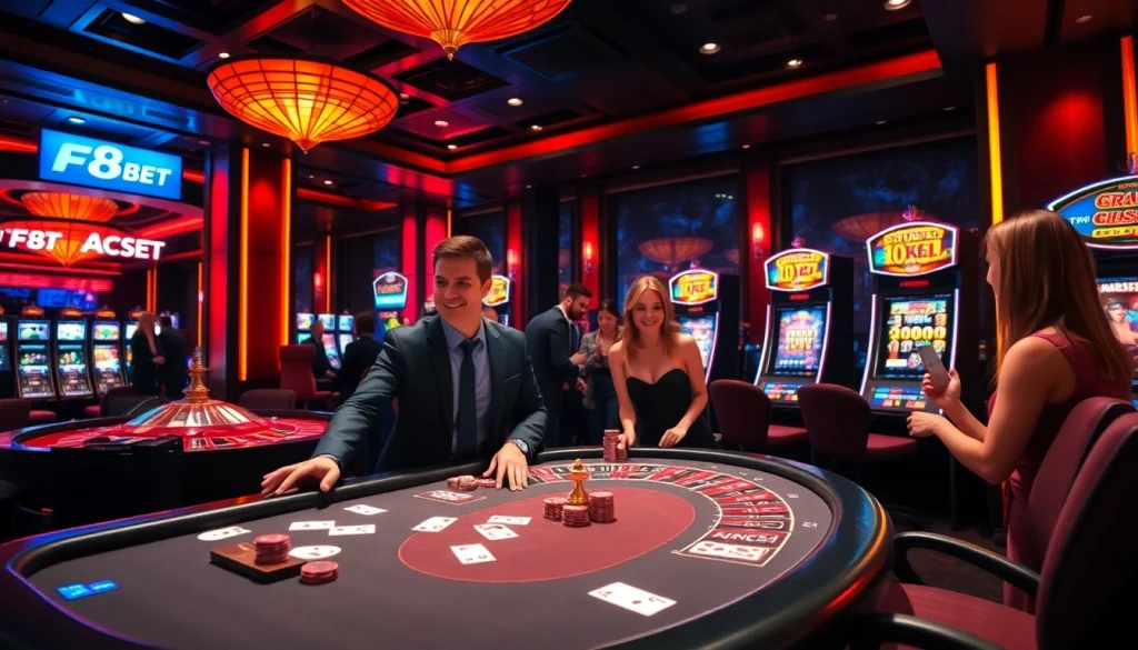 F8BET casino scene with poker table, roulette wheel, and vibrant slot machines