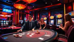 F8BET casino scene with poker table, roulette wheel, and vibrant slot machines