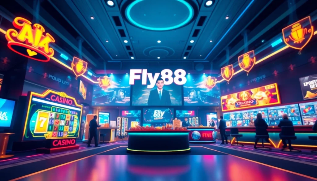 Fly88's vibrant online casino interface with dynamic gaming options and soft ambient lighting.