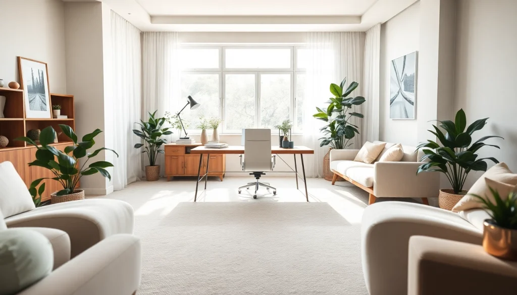 Projektowanie wnętrz online w nowoczesnym biurze z eleganckim wystrojem.