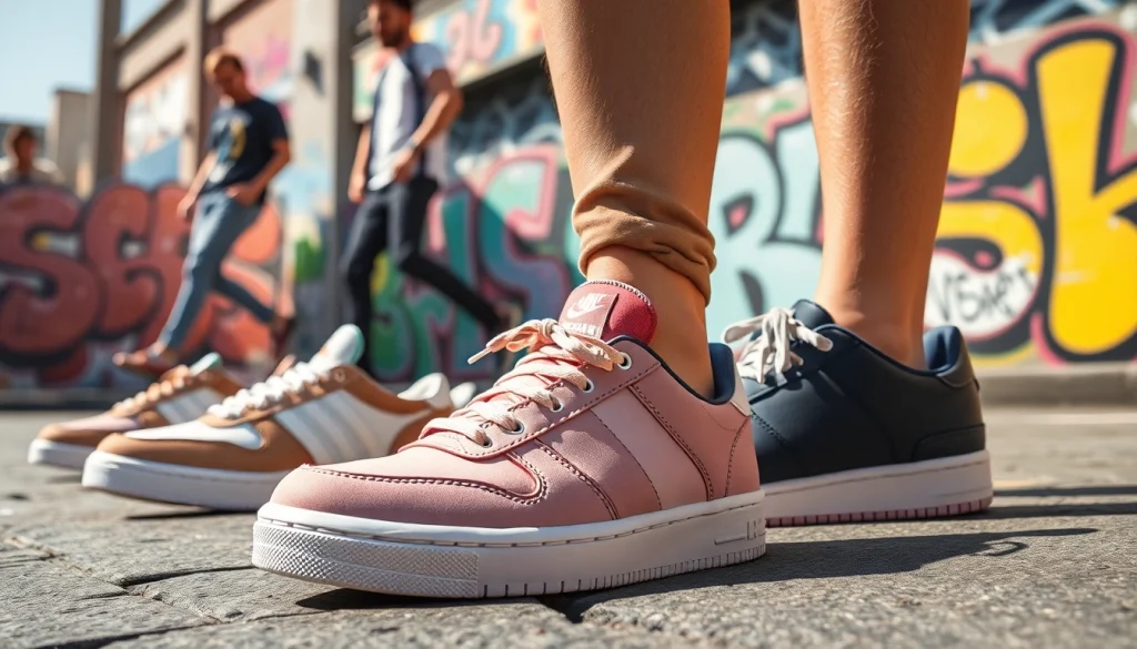 레플리카 스니커즈를 착용한 스타일리시한 캐주얼 룩