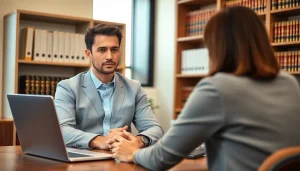 Virginia Immigration Lawyer consulting with a client in a modern office setting, exemplifying professionalism.