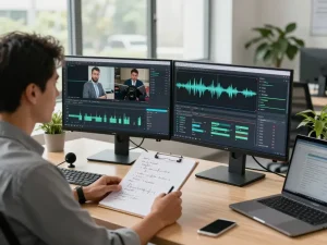 Data analyst reviewing video to prompt generator analysis in a modern office setting, showcasing dual monitors and video analytics.