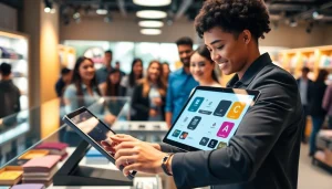 最新の小売環境でタブレットPOSを使いキャッシュレス決済を操作している場面。