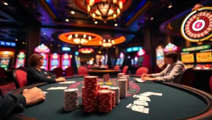 Experience the thrill of online gambling at link thabet with a vibrant poker table and dynamic casino atmosphere.