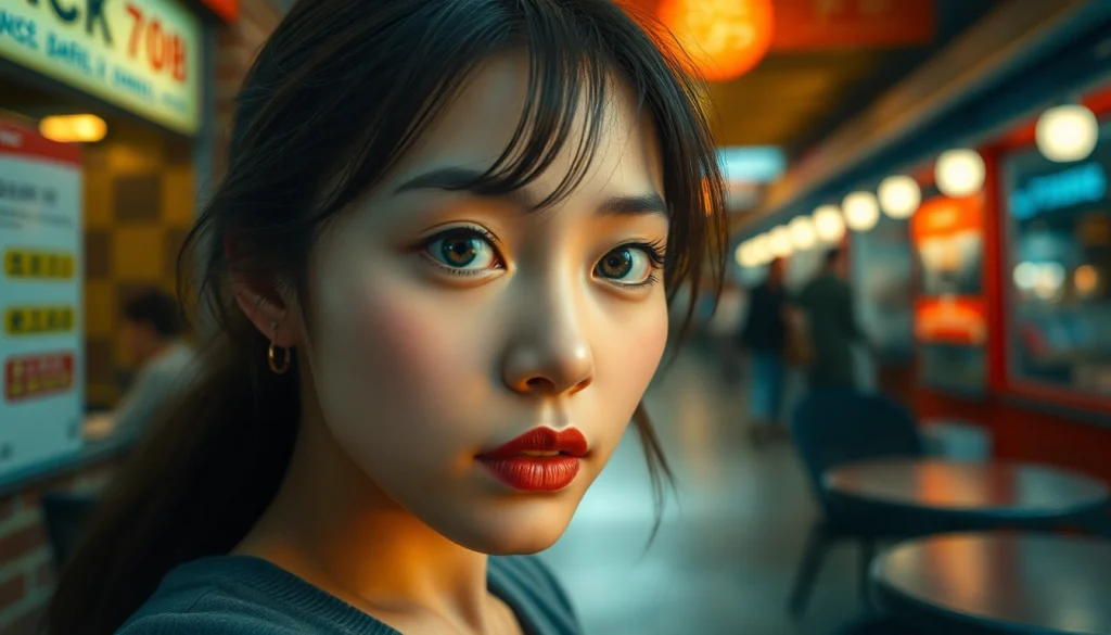 目がイってるだけの普通の女。都会のカフェで強い眼差しを見せ、感情的な物語を描く。