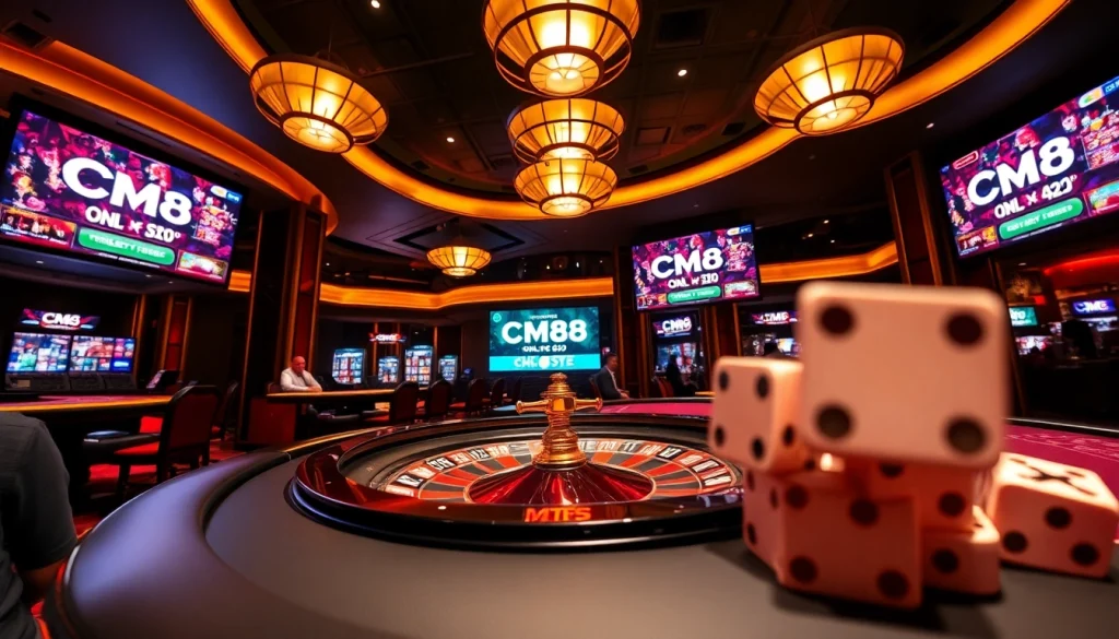 Exciting gameplay at CM88 casino with vibrant roulette wheel and engaging poker table.