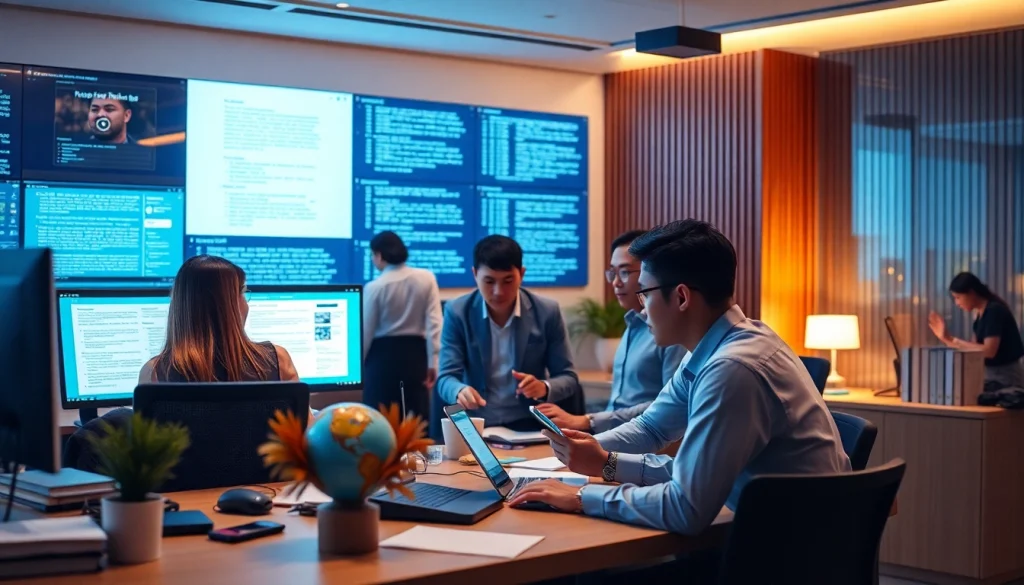 Modern translation office illustrating innovative translation technologies with 有道翻译 focus.