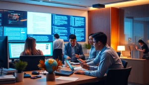 Modern translation office illustrating innovative translation technologies with 有道翻译 focus.