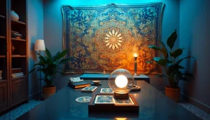 タロットカードとクリスタルボールを展示した静かな電話占いスペース、電話占い当たるを象徴しています。