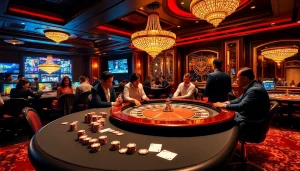 Experience excitement at https://luckywin.fan/ with poker tables and roulette wheels in a luxurious casino setting.