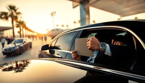 LA Limo: Executive arriving at LAX in a luxury sedan, showcasing premium service in a vibrant airport setting.