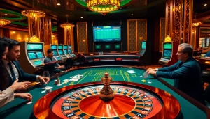 Découvrez l'excitation du casino en ligne alors que les joueurs s'engagent à une table luxueuse.