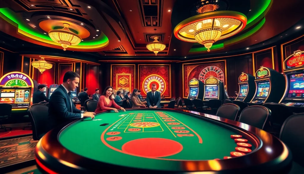 Experience Okfun's vibrant casino atmosphere with engaging poker tables and illuminated slots.