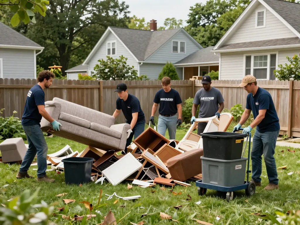 Efficient junk removal service in Bergen County, showing professional team clearing yard waste and old furniture.