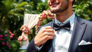 Groom showcasing designer menswear in a vibrant outdoor wedding setting.