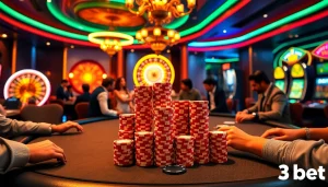 A dynamic casino scene with players at a poker table and vibrant gaming elements highlighting the excitement of 3Dbet.