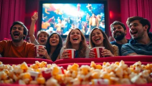 ดูหนังออนไลน์ พร้อมกลุ่มเพื่อนที่ตื่นเต้นหน้าจอใหญ่ในโรงหนัง