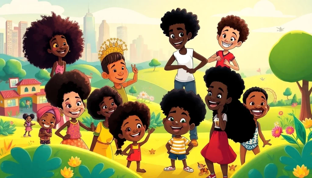 A colorful scene featuring iconic African American cartoons characters showcasing imagination and diversity.