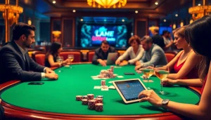 Experience the thrill of idn poker at an elegant casino table with players immersed in action.