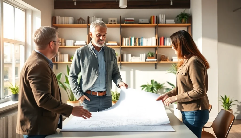 Residential architects for home renovation consulting with clients in a modern office.