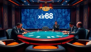 Experience the thrill of gambling at xin88 with an upscale poker table showcasing vibrant chips and cards.