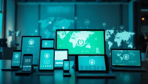 在多设备上展示的快连下载应用界面，确保快速且安全的互联网连接。