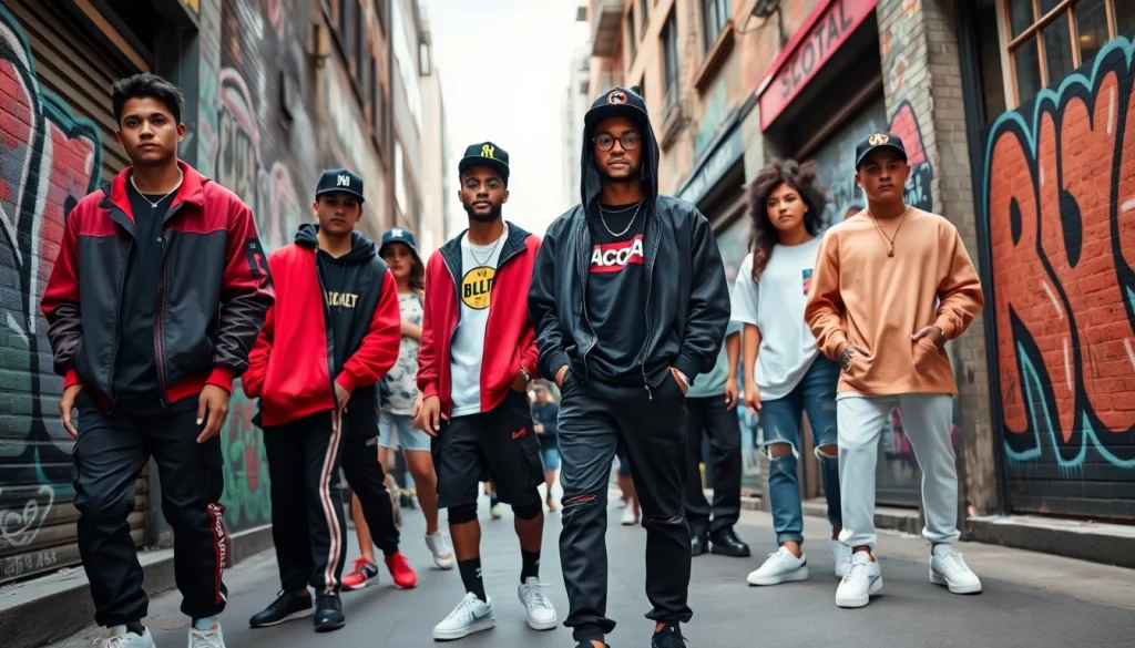 Models showcasing trendy streetwear clothing brands against a vibrant urban backdrop.