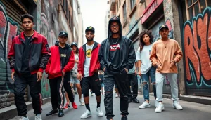 Models showcasing trendy streetwear clothing brands against a vibrant urban backdrop.