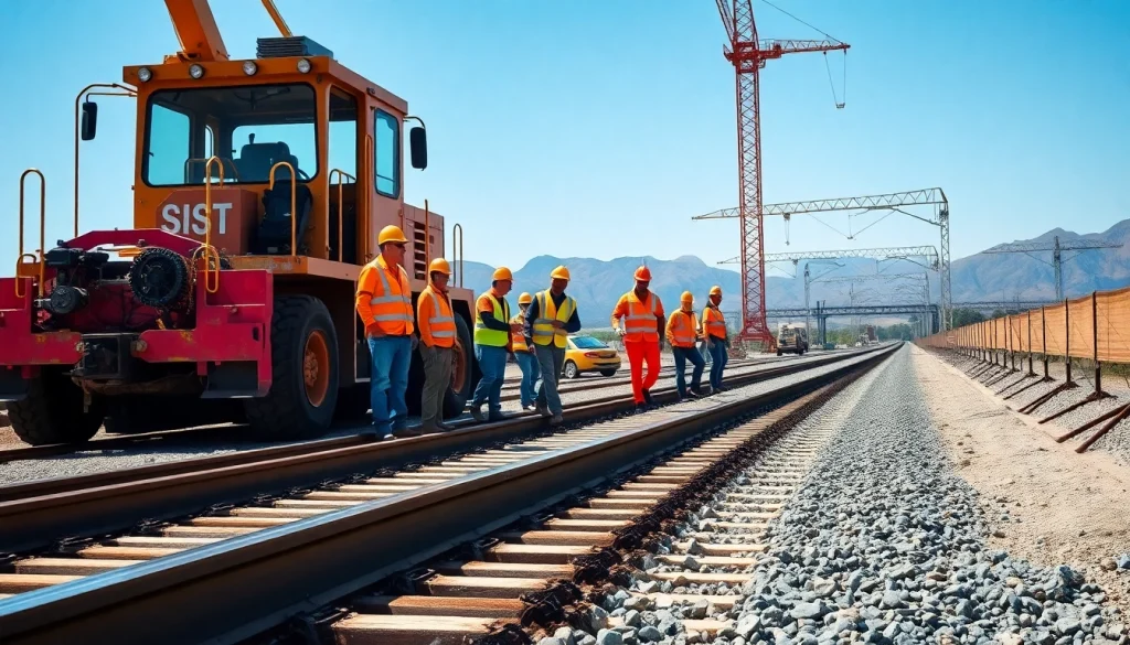 Workers from a Railroad Track Construction Company installing tracks with machinery in a bright, vibrant setting.